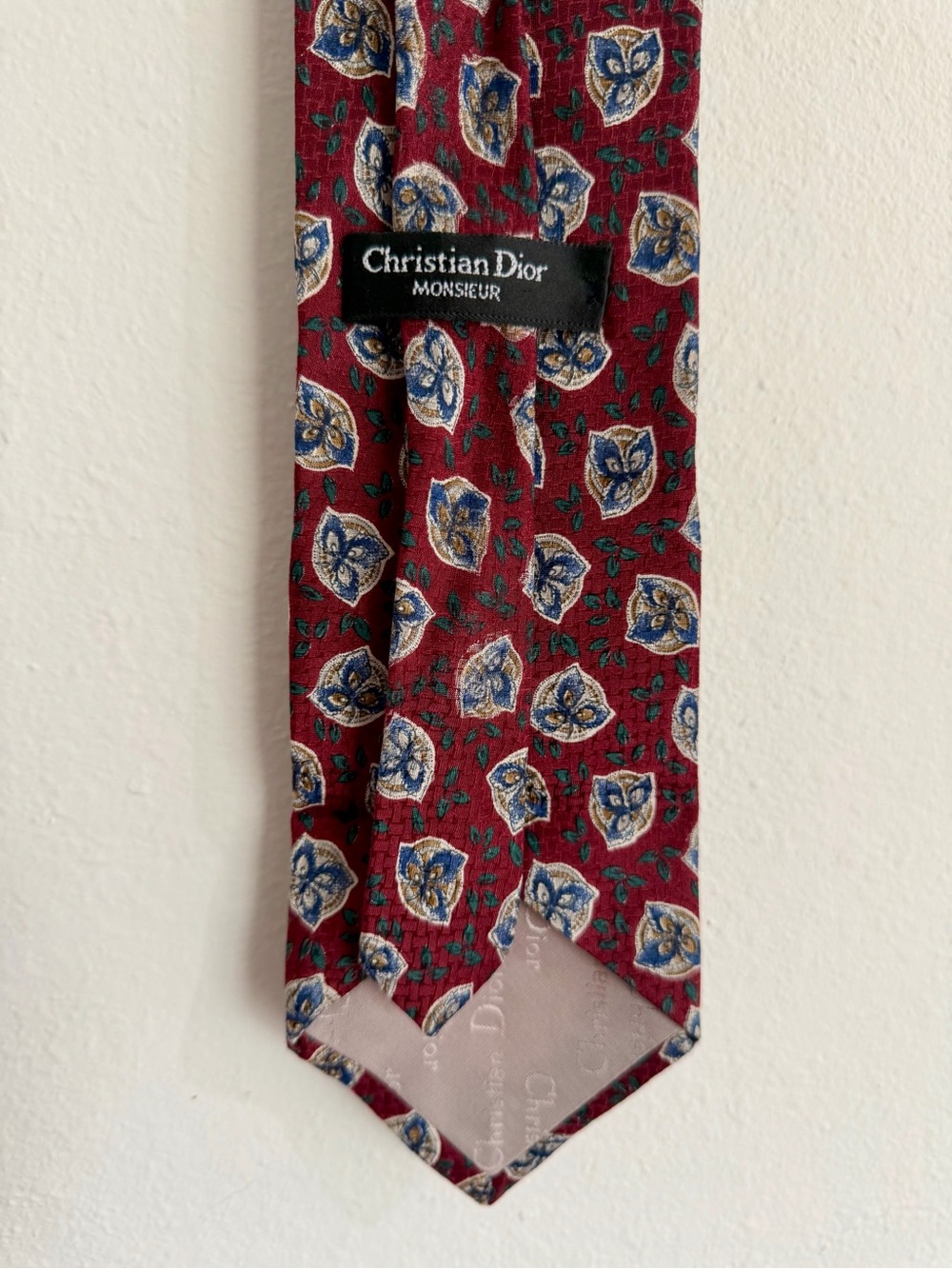 Dior Monsieur Burgundy Floral Silk Necktie with Blue and Cream Motifs